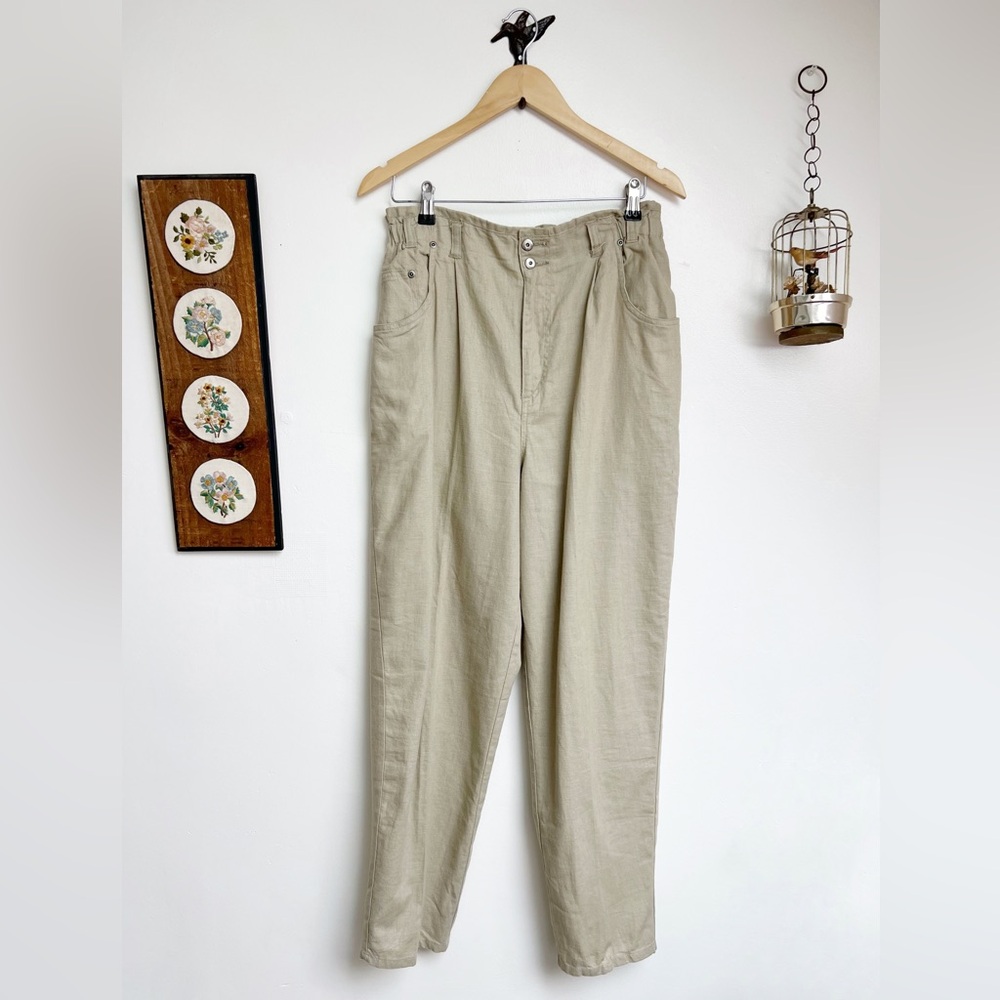 Vintage Linen & Cotton Tan High Waisted Tapered Trousers
